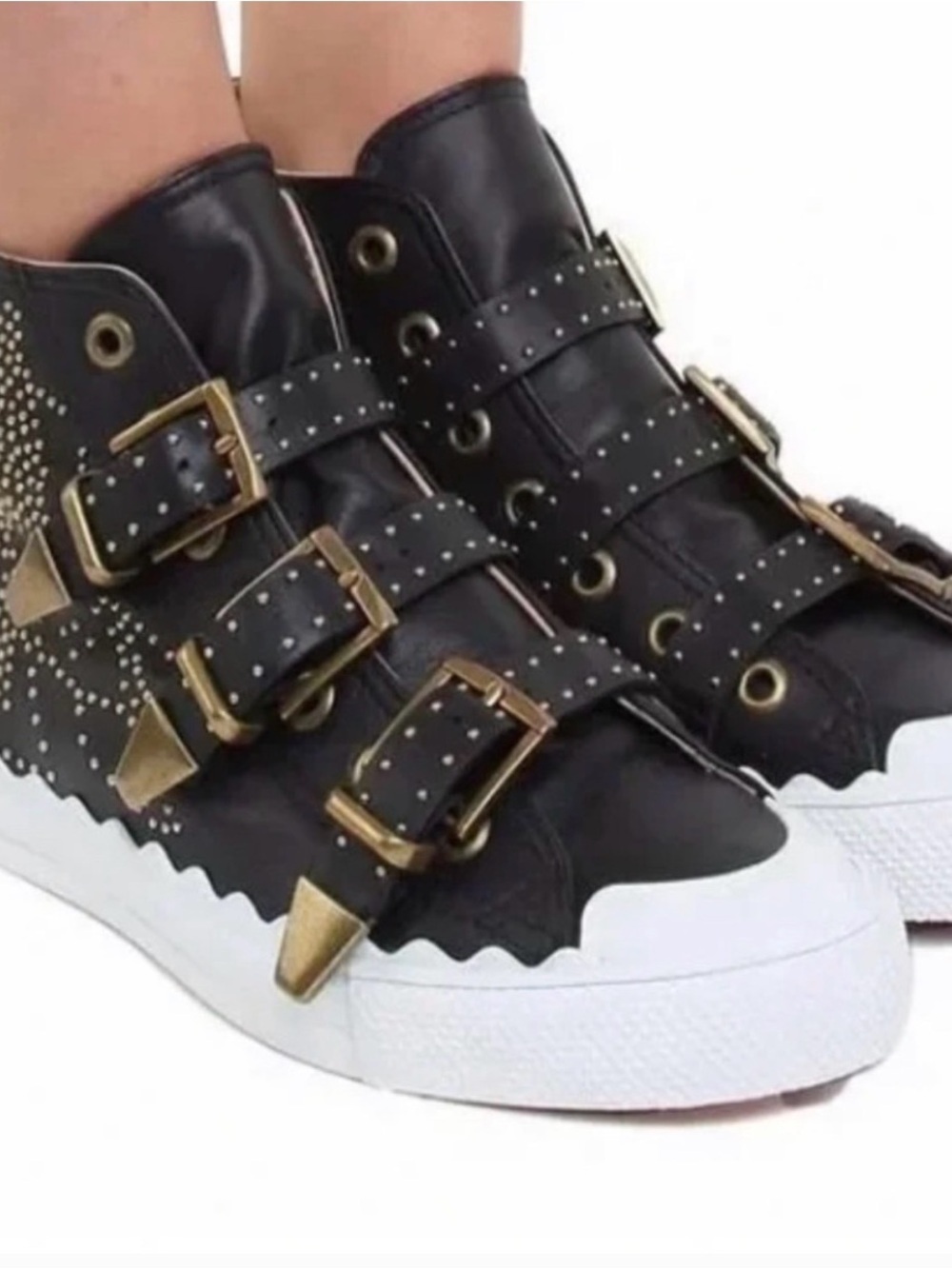 Chloé Black Leather Buckle High-Top Sneakers with Gold Hardware